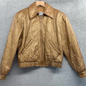 Vintage 1980s GINGETTE Gold Leather Pearl Jacket Womens 10 Medium Quilted